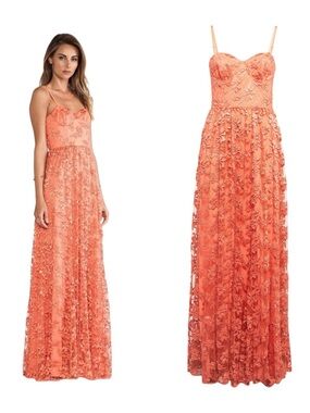 ALICE + OLIVIA Tyler Coral Orange Bustier Floral Lace Maxi Dress Gown